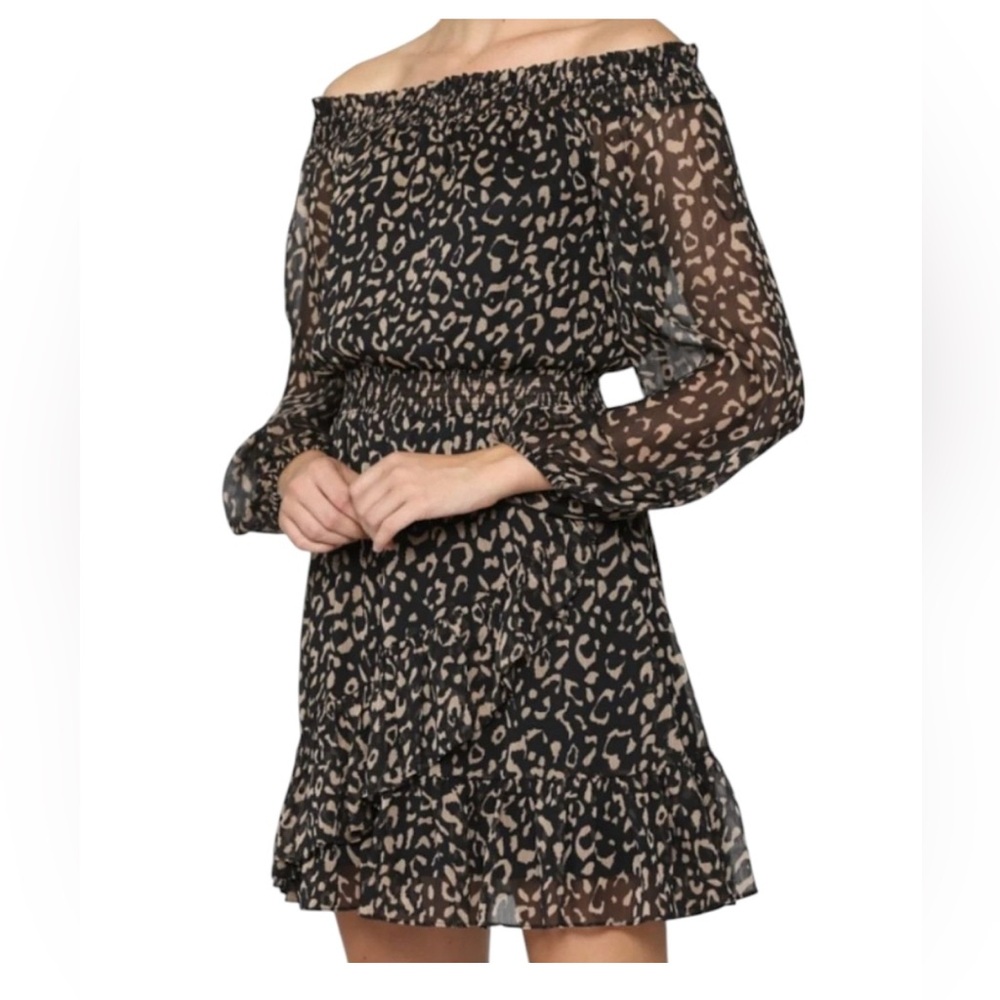 Fate Sheer Black and Brown Leopard Long Sleeve Dress Small EUC